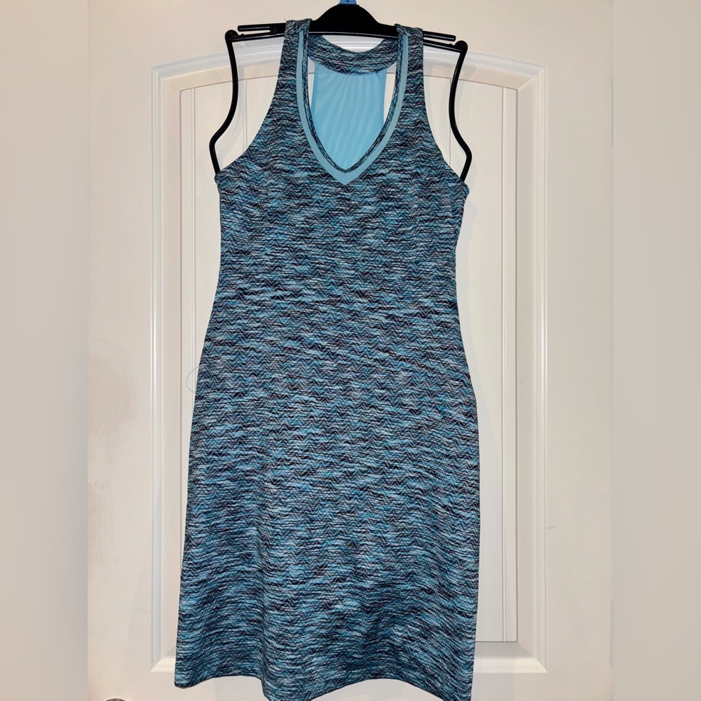 MPG Tank Dress Small Blue Space Dye Racerback VNeck Athleisure Activewear Sporty